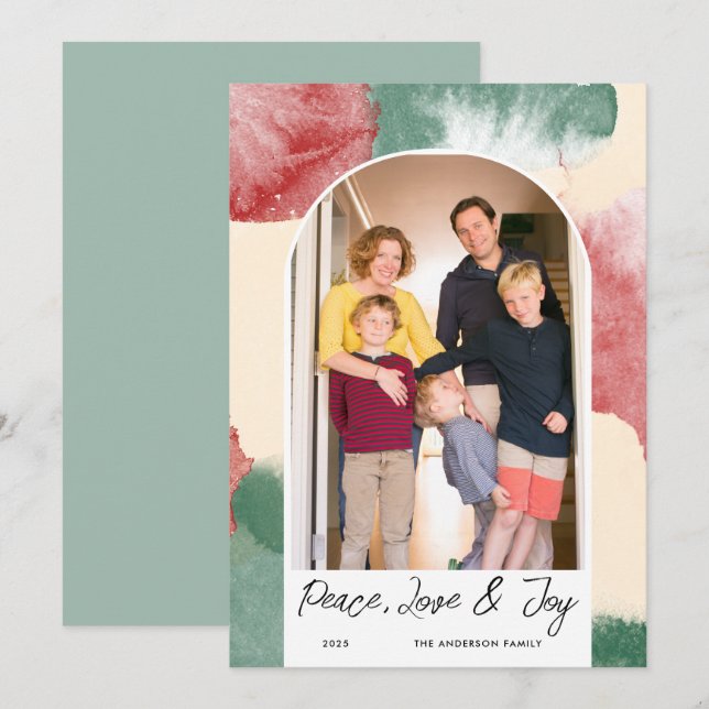 Arched Photo Abstract Watercolor Peace Love & Joy Holiday Card (Front/Back)