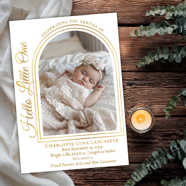 Arched Photo Elegant Script Birth Announcement (Arched Photo Elegant Script "Hello Little One" Foil Birth Announcement - Great for Girl or Boy)
