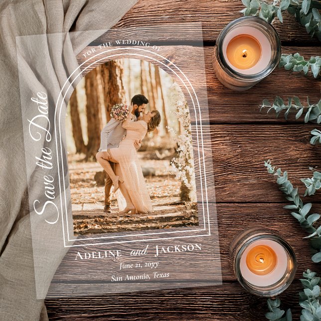 Arched Photo Elegant Script Save the Date Acrylic Invitations (Arched Photo Elegant Script "Save the Date" Acrylic Announcement - White Text and Accents)
