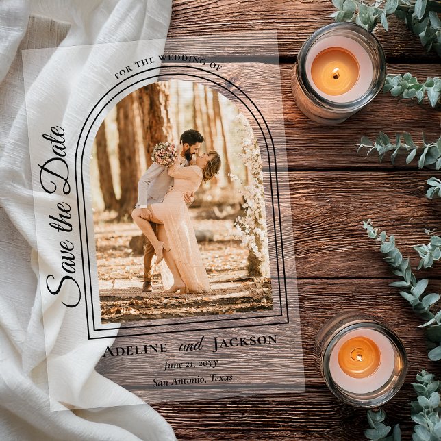 Arched Photo Elegant Script Save the Date Acrylic Invitations (Arched Photo Elegant Script "Save the Date" Acrylic Announcement - Black Text and Accents)