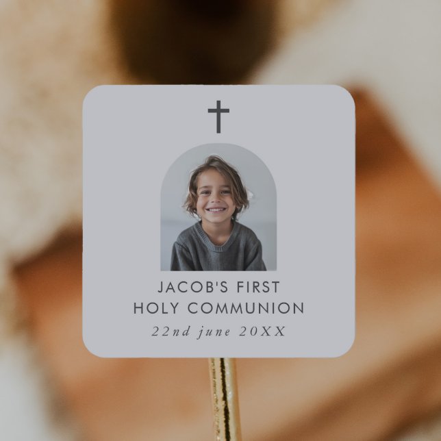 Arched Photo First Communion Boy Thank You Square Sticker (Zazzle Arched Photo First Communion Boy Thank You Square Sticker)
