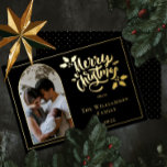 Arched Photo Merry Christmas and Holly on Black Fo Foil Holiday Card<br><div class="desc">Classy,  understated and elegant "Merry Christmas" and holly script text design featuring your arched photo and beautiful foil text and details on front with a corresponding faux gold tiny dot background on back.</div>