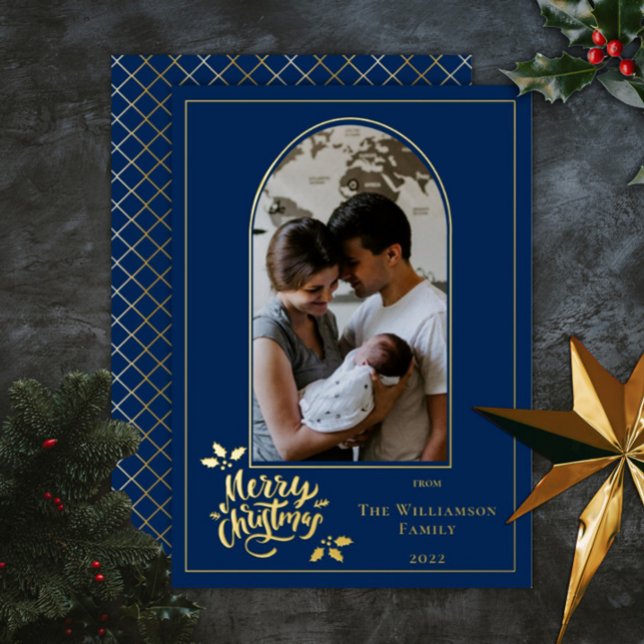 Arched Photo Merry Christmas and Holly on Dk Blue  Foil Holiday Card (Creator Uploaded)
