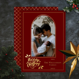 Arched Photo Merry Christmas and Holly on Dk Red F Foil Holiday Card