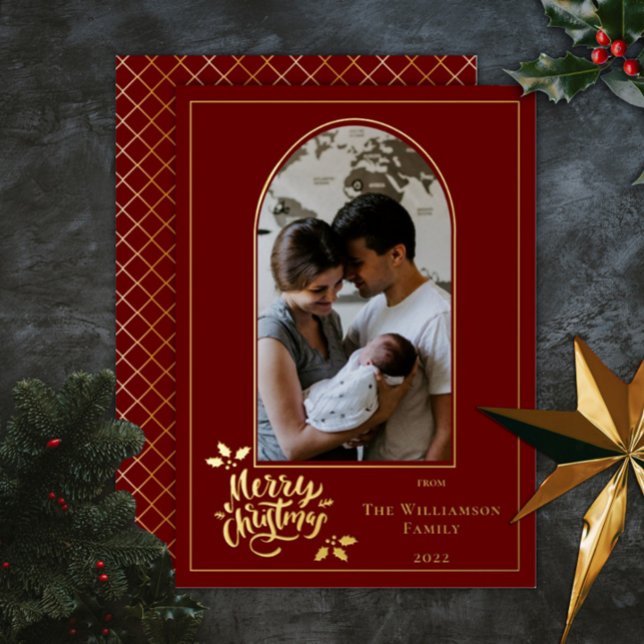 Arched Photo Merry Christmas and Holly on Dk Red F Foil Holiday Card (Creator Uploaded)