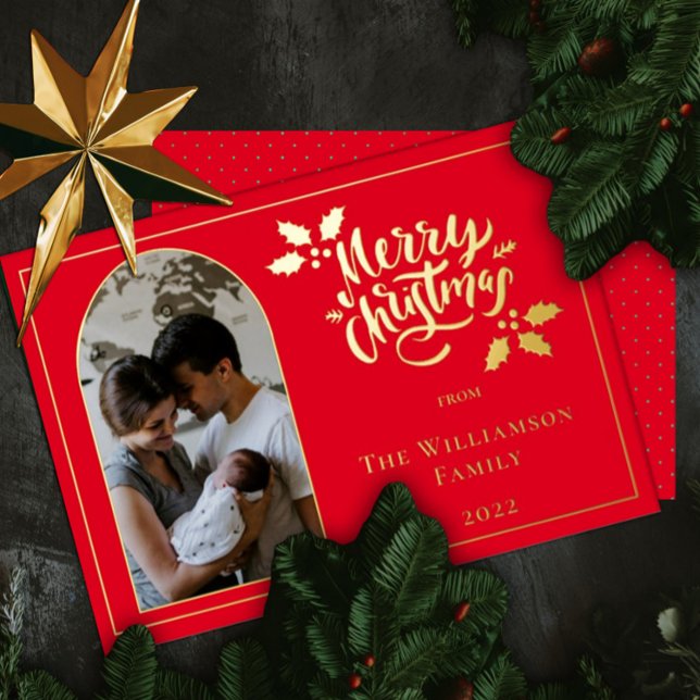 Arched Photo Merry Christmas and Holly on Red Foil Holiday Card (Creator Uploaded)