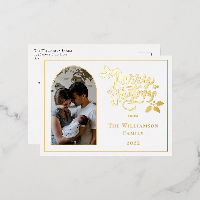 Arched Photo Merry Christmas and Holly on White Foil Holiday Postcard (Front/Back)