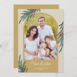 Arched Photo Winter Greenery Peace & Love Holiday Card