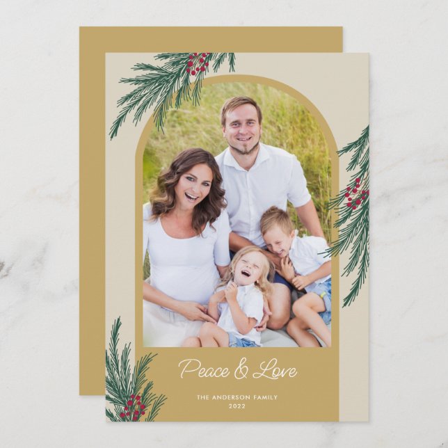 Arched Photo Winter Greenery Peace & Love Holiday Card (Front/Back)