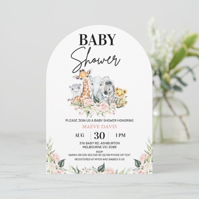 Arched Pink Floral Safari Animals Baby Shower  Invitation (Standing Front)