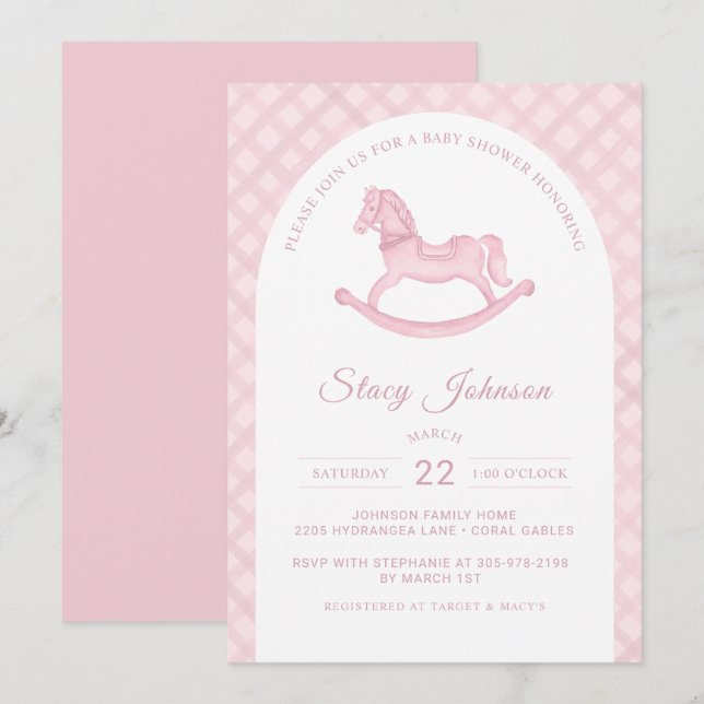 Arched Pink Rocking Horse Girl Baby Shower Invite (Front/Back)