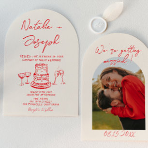 Arched Retro Hand Drawn Red Unique Photo Wedding Invitation