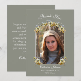 Arched Sage Green Floral Graduation Thank You Card