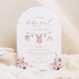 Arched Sweet Baby Girl Clothesline Baby Shower Invitation