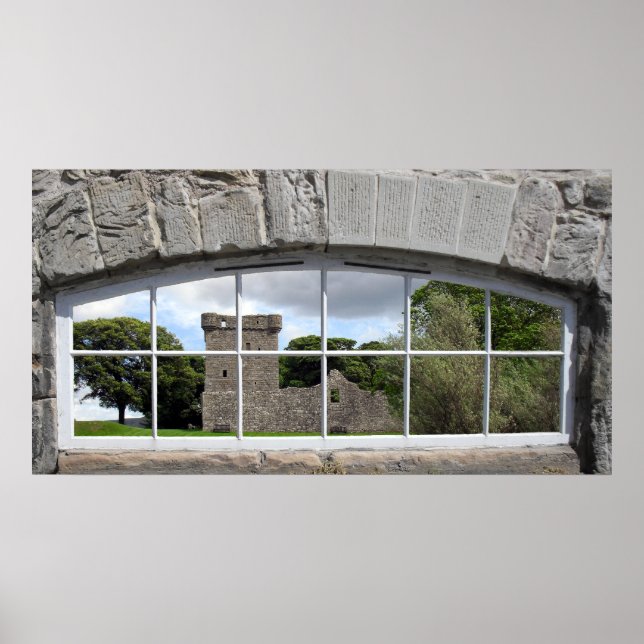 Arched Window with View of Scottish Castle Poster (Front)