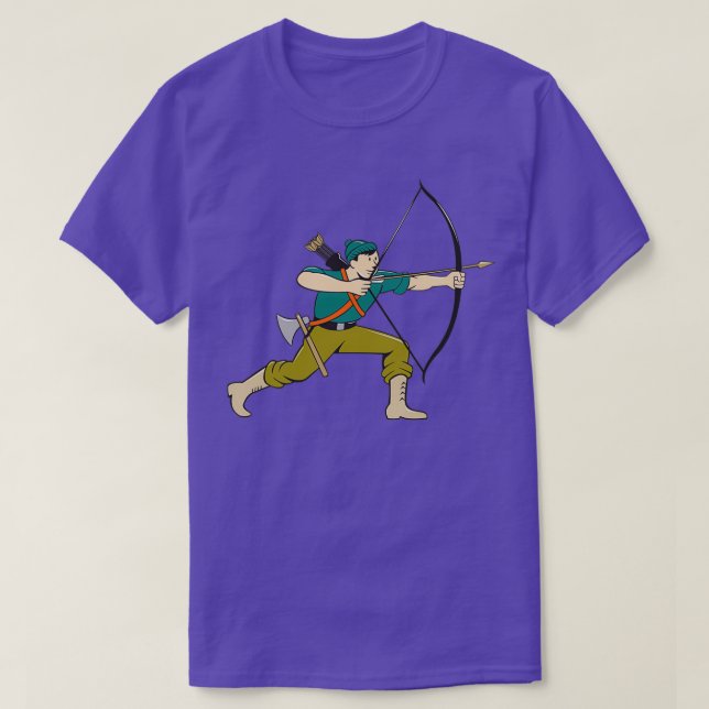 Archer Aiming Long Bow Arrow Cartoon T-Shirt (Design Front)
