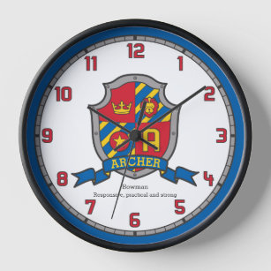 Archer name meaning heraldry shield letter A lion Clock