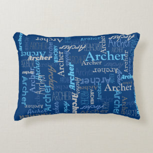Archer personalised name shades of blue and grey decorative cushion