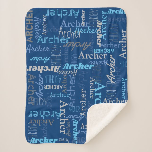 Archer personalised name shades of blue and grey sherpa blanket (Front)