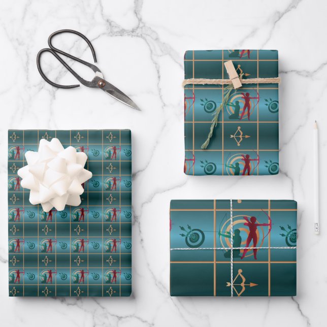 Archery Bow and Arrow - Green Pattern Wrapping Paper Sheet (Front)