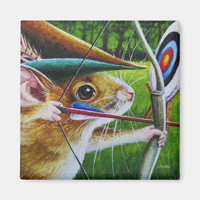 Archery Camp Mouse Bow & Arrow Watercolor Art Magnet (Front)