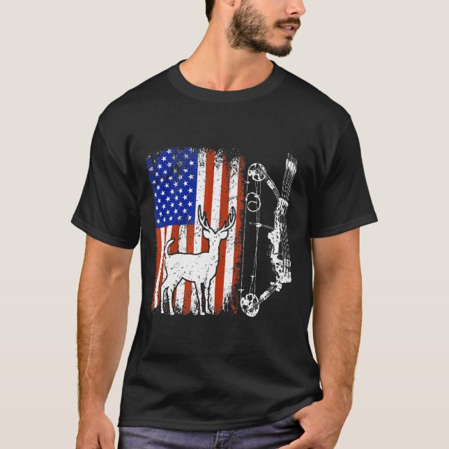 Archery Deer Hunter Bow Hunting Us Flag Patriotic  T-Shirt (Front)