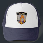 Arches National Park Delicate Arch Vintage  Trucker Hat<br><div class="desc">Arches vector artwork design. The park lies north of Moab in the state of Utah. Bordered by the Colorado River in the southeast,  it’s known as the site of more than 2, 000 natural sandstone arches.</div>