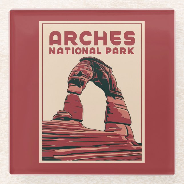Arches National Park Vintage Travel Art Glass Coaster (Front)