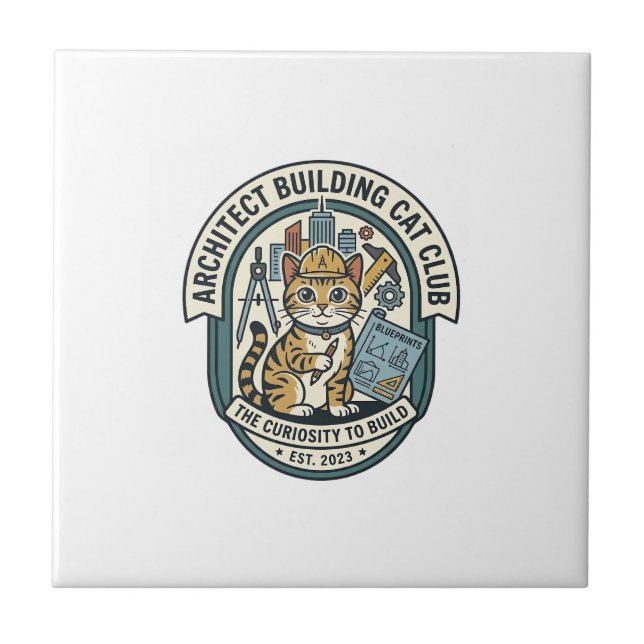 Architect Building Cat Cat Graphic Tee Art - Archi Tile (Front)