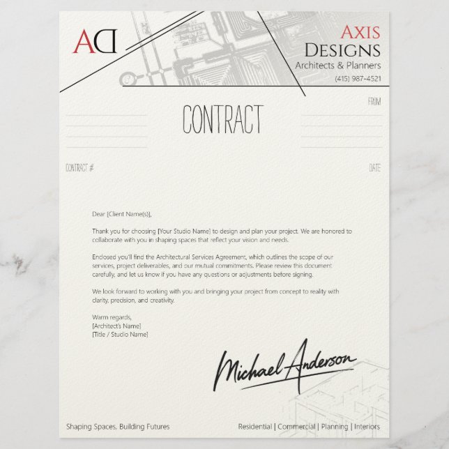 Architect Contract Cover Letter with Blueprint  Custom Letterhead (Front)