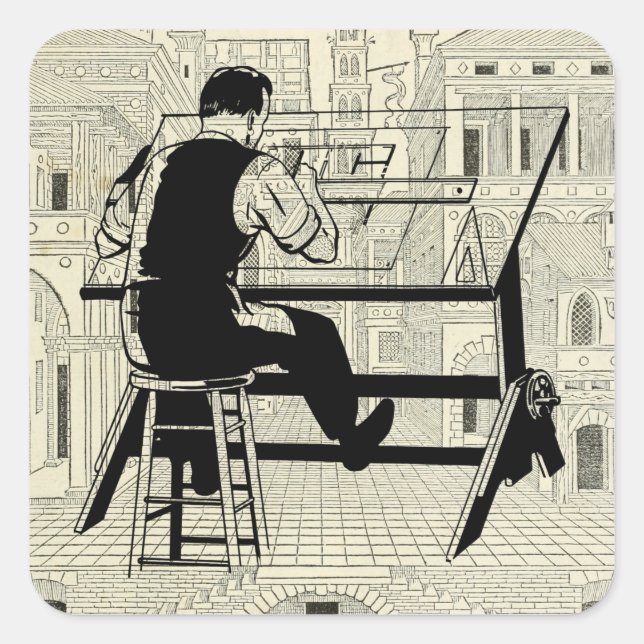 Architect engineer drafting table art illustration square sticker (Front)