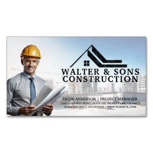 Architect Holding Blueprints   Construction Site Magnetic Business Card