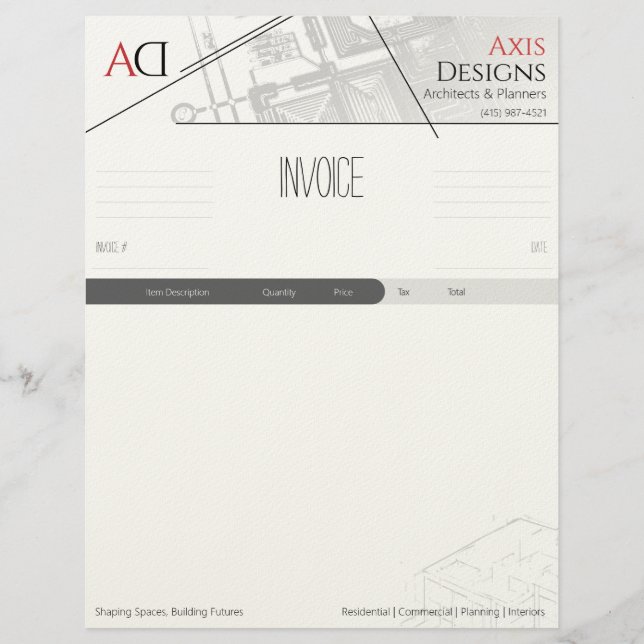 Architect Invoice Template with Blueprint Design Custom Letterhead (Front)