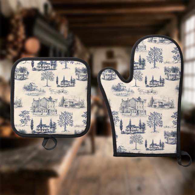 Architectural Toile Oven Mitt & Pot Holder Set (Creator Uploaded)