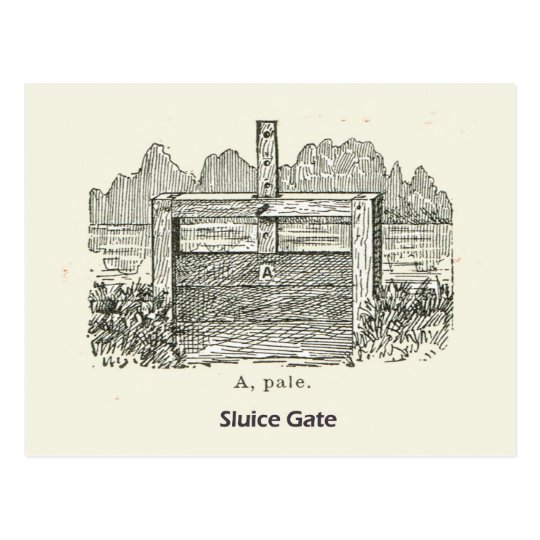 Architecture, wooden sluice gate postcard