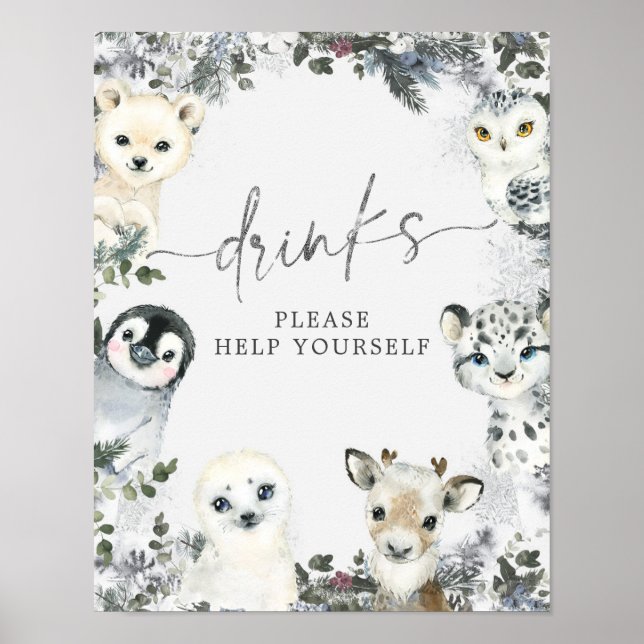 Arctic Animal Onederland 1st Birthday Drinks Poster (Front)