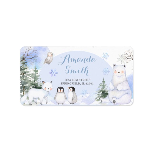 ARCTIC ANIMAL Snowflakes Trees Baby Shower Address Label (Front)