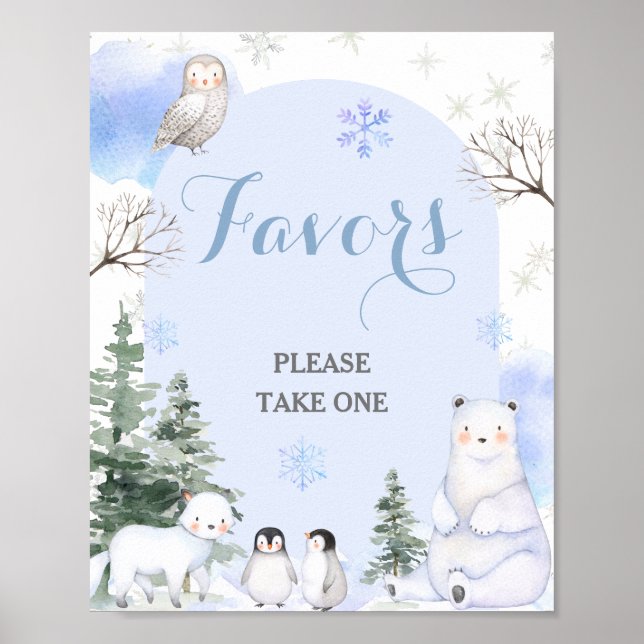 ARCTIC ANIMAL Snowflakes Trees Baby Shower Favours Poster (Front)
