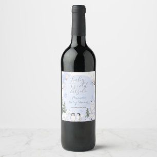 ARCTIC ANIMAL Snowflakes Trees Baby Shower Wine Label
