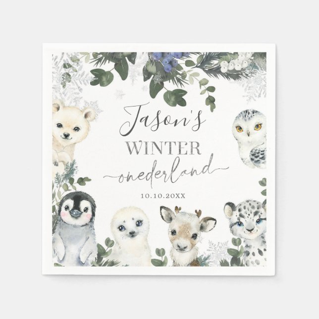 Arctic Animal Winter Onederland Birthday Paper Napkin (Front)