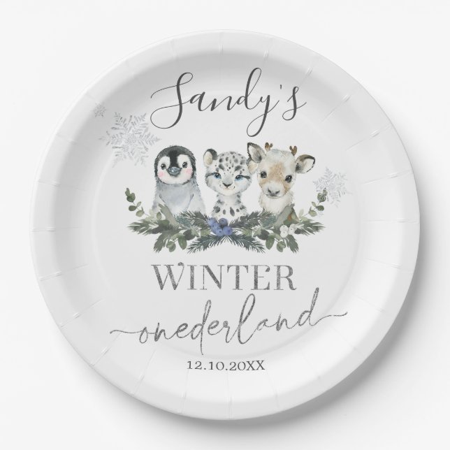 Arctic Animal Winter Onederland First Birthday Paper Plate (Front)