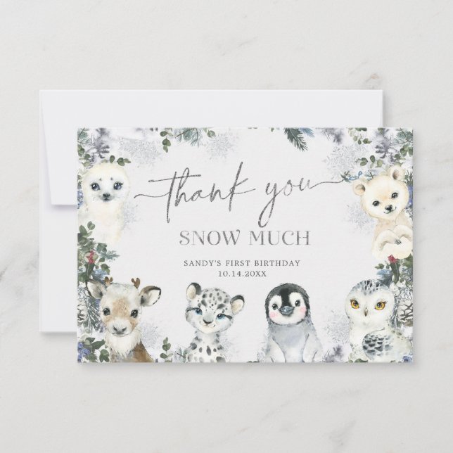 Arctic Animal Winter Onederland First Birthday Thank You Card (Front)