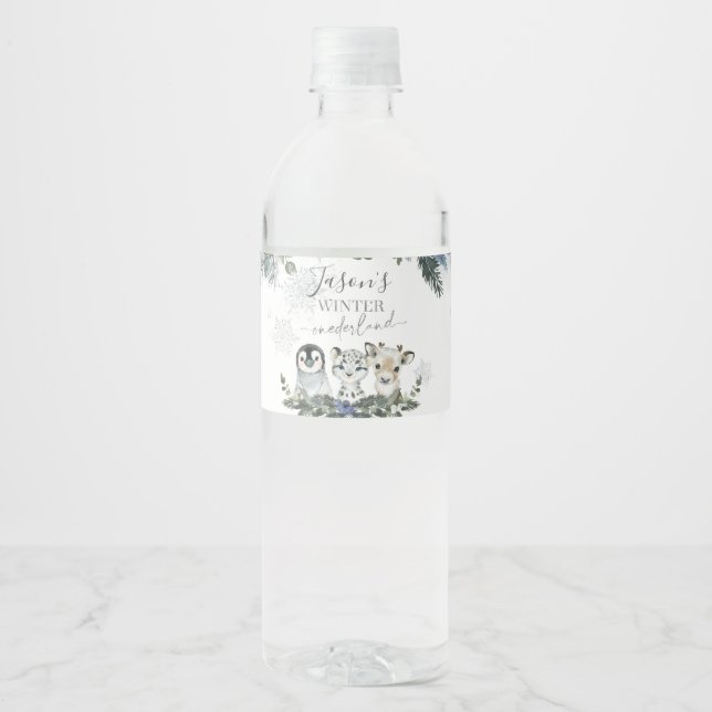 Arctic Animal Winter Onederland First Birthday Water Bottle Label (Front)