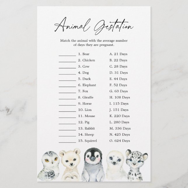 Arctic Animals Baby Shower Animal Gestation Game (Front)