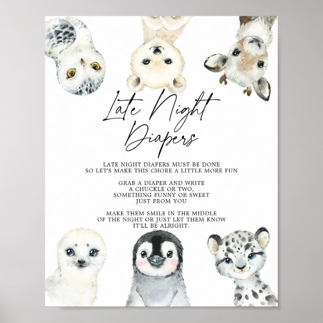 Arctic Animals Baby Shower Late Night Diapers Sign (Front)