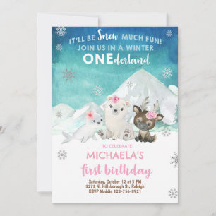 Arctic animals girl winter birthday invite. invitation