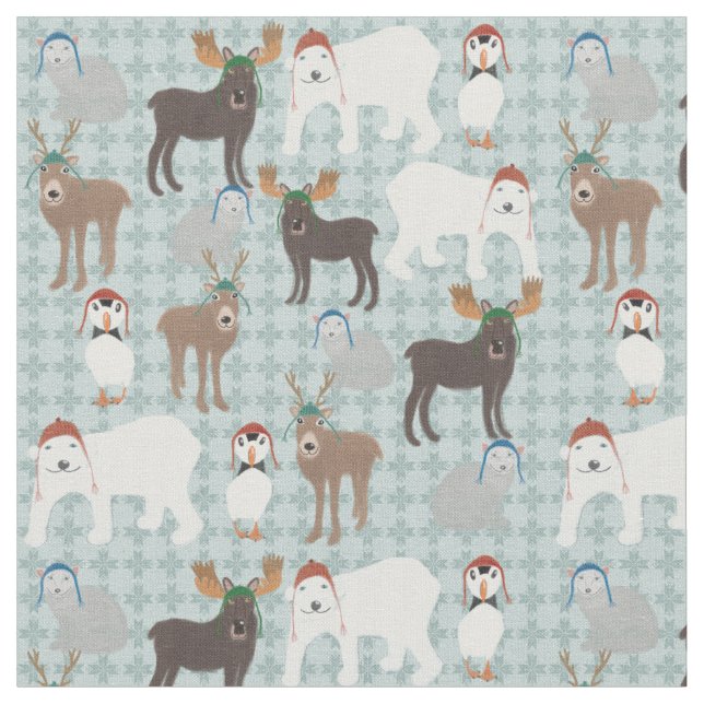 Arctic Animals in Winter Hats Christmas Fabric (Close Up)