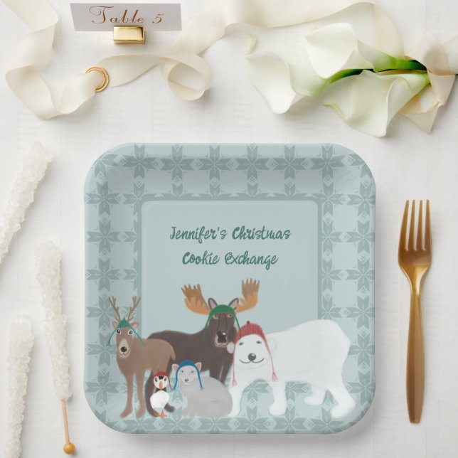 Arctic Animals in Winter Hats Christmas Party Paper Plate (Wedding)