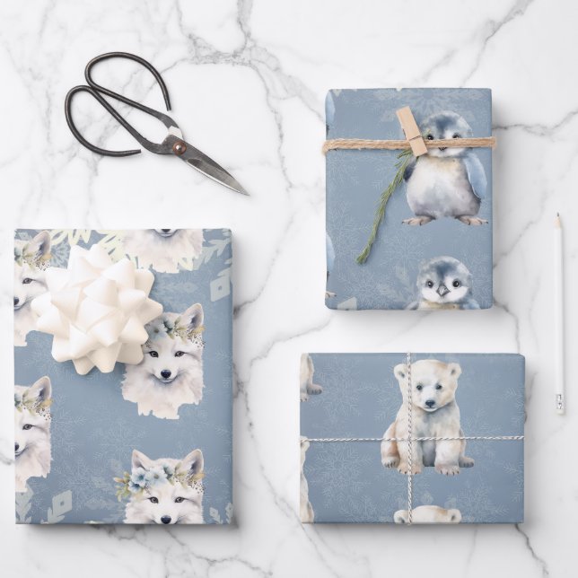 Arctic Animals Winter Snowflake Wrapping Paper Sheet (Front)