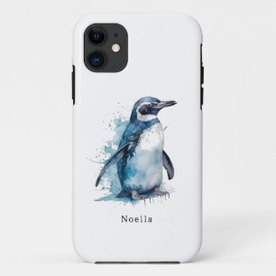Arctic Azure Watercolor Penguin, custom iPhone 11 Case